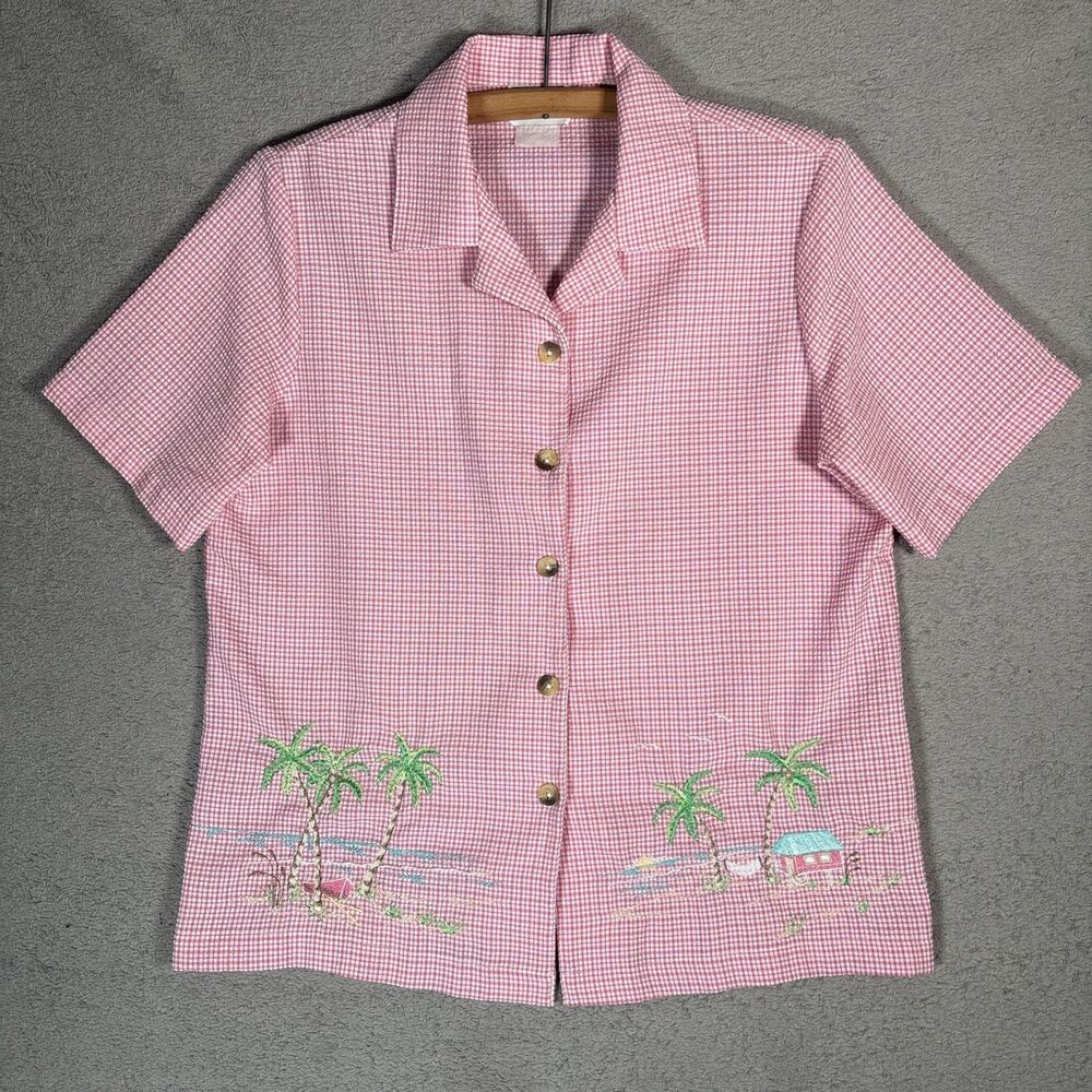 Vintage Nikki Top Size L‎ Pink Seersucker Island Seaside Coastal Boho Coquette